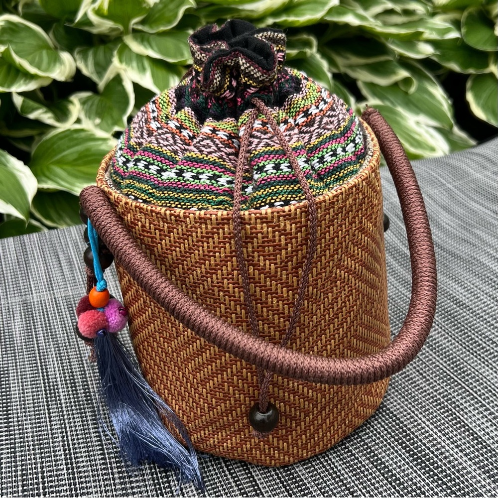 Natural Rattan Woven Bucket Bag Brown Great Condition